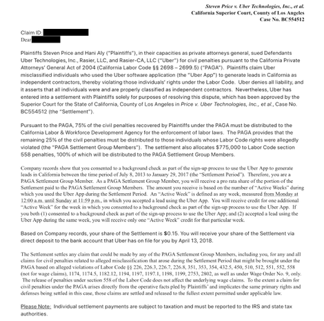 Illustration for article titled California's Aggrieved Uber Drivers Are Receiving Settlement Payments as Low as 15 Cents